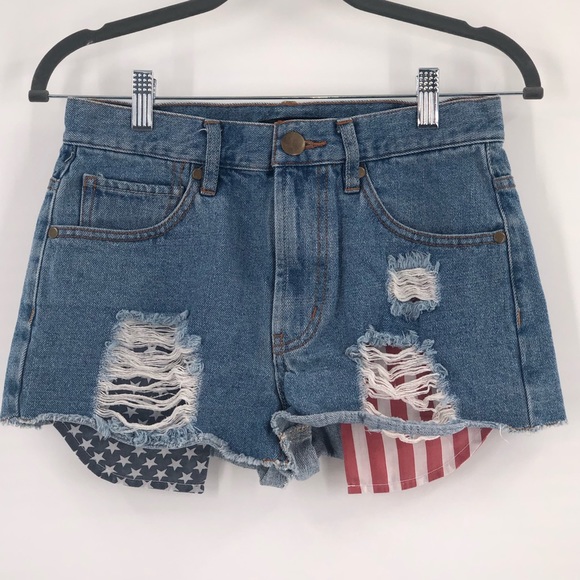 Forever 21 High Waisted American Flag Distressed Jean Shorts - Picture 2 of 5